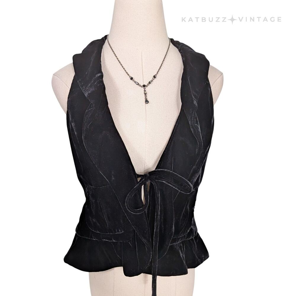 INC Velvet Vest Size 6P Black Ruffle Tie Goth Whimsigoth Romantic Holiday Glam